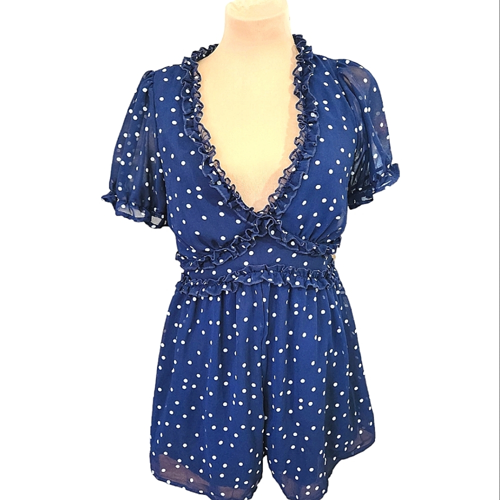 TRIXXI Navy Ruffle Polkadot Romper - Size L - Picture 2 of 14
